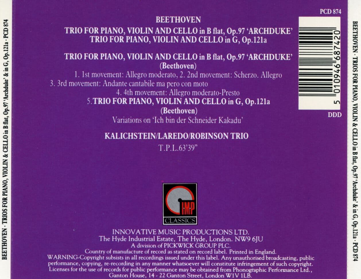 Kalichstein,Laredo,Robinson Trio - Beethoven Trios For Piano,Violin&Cello [U.K발매]