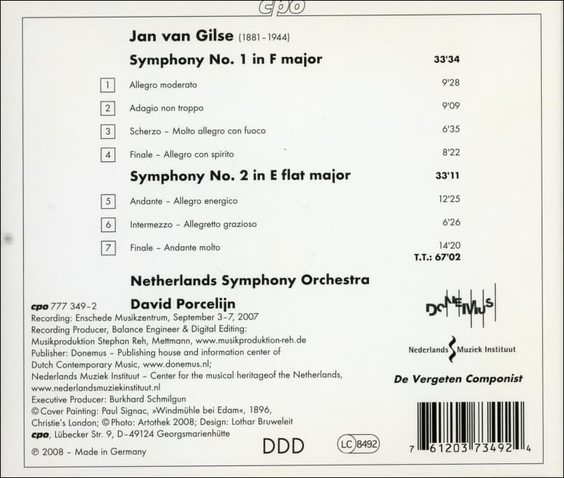 얀 반 길제 (Jan Van Gilse)  : Symphonies 1 & 2 - 포르셀레인 (David Porcelijn)(독일발매)