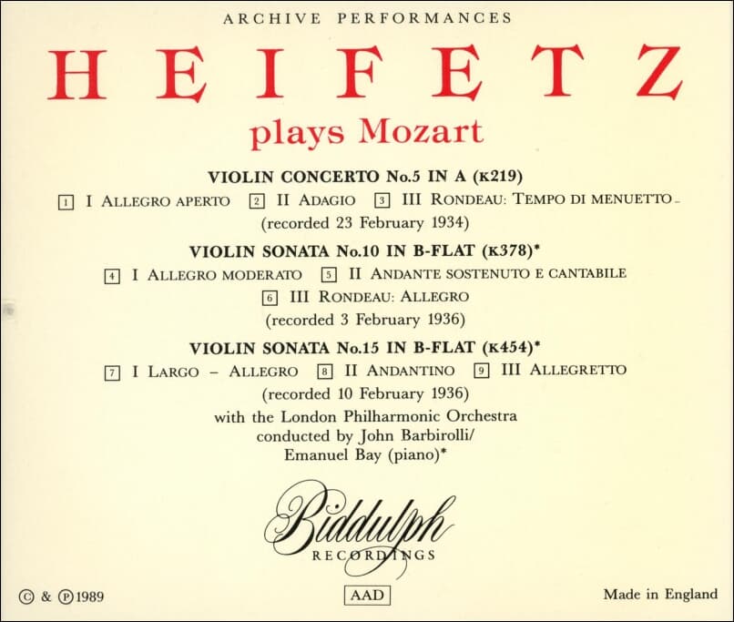 Mozart : Heifetz Plays - 하이페츠 (Jascha Heifetz) (UK발매)
