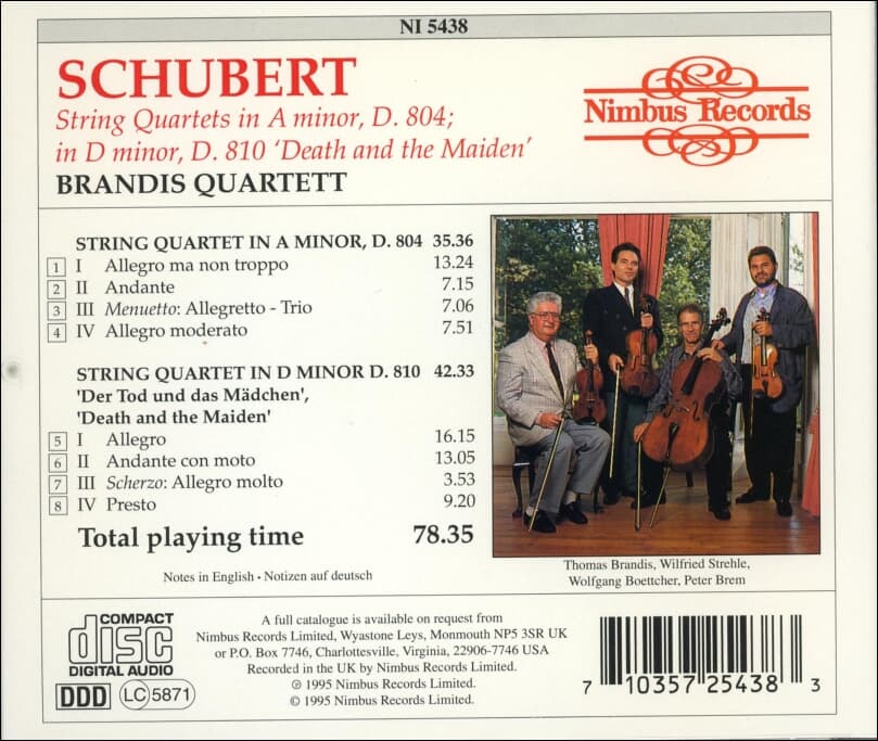 Schubert : String Quartet D.804, D.810 현악 사중주 '죽음과 소녀' - 브란디스 사중주단 (Brandis Quartet)(UK발매)