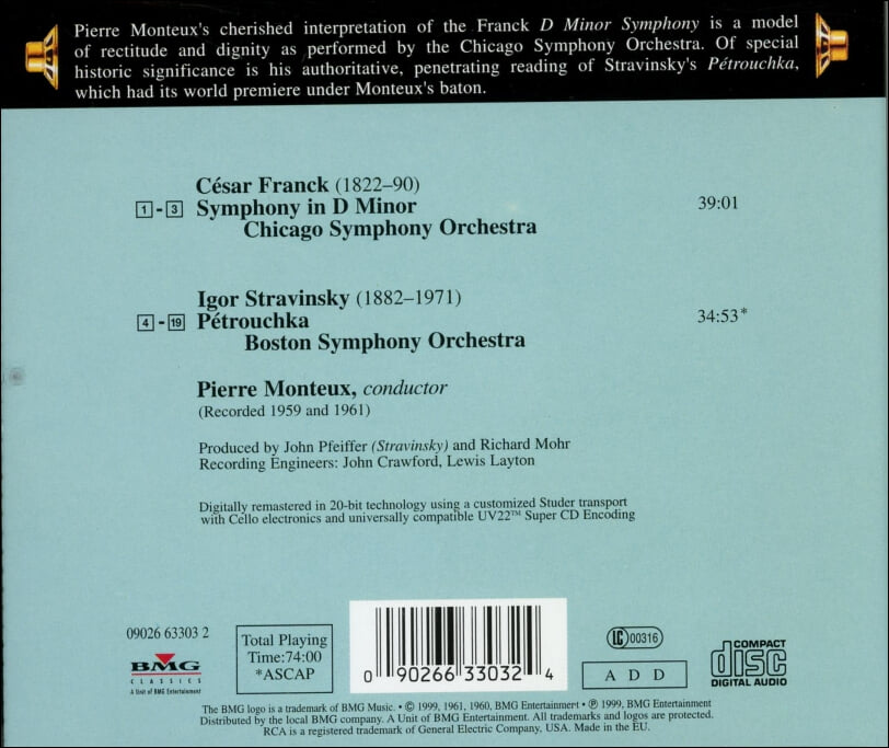 프랑크 (Cesar Franck) , 스트라빈스키 (Igor Stravinsky) :교향곡 D단조, Petrouchka(페트루슈카) - 몽퇴 (Pierre Monteux)(EU발매)