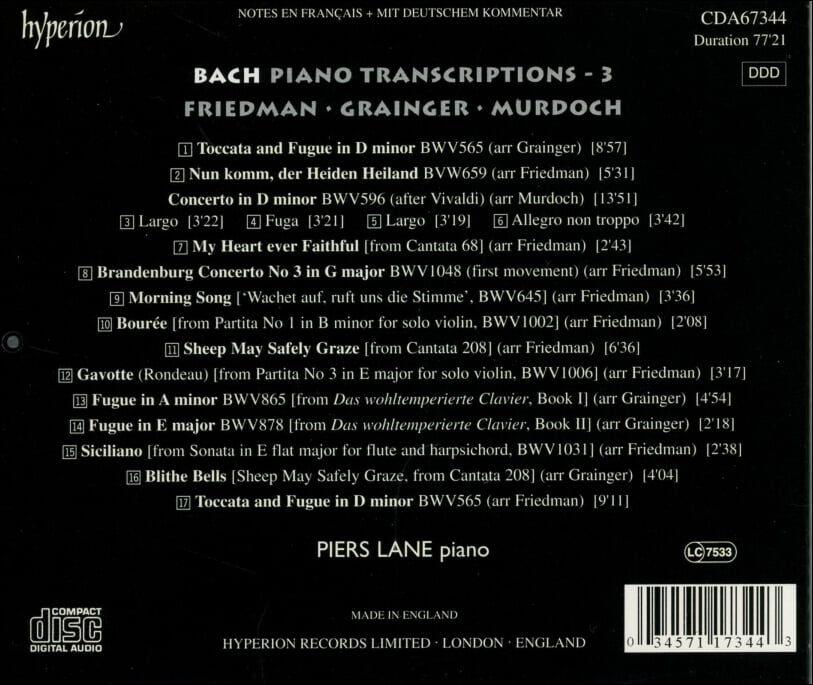 Bach :  Piano Transcriptions 피아노 편곡 3집 - 레인 (Piers Lane) (UK발매)