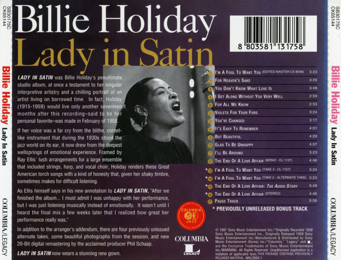 빌리 할리데이 - Billie Holiday - Lady In Satin 