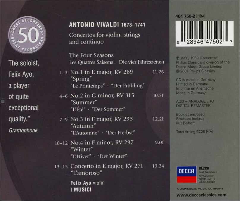 Vivaldi : The Four Seasons (사계)  - 이 무지치 (I Musici),아요 (Felix Ayo) (독일발매)