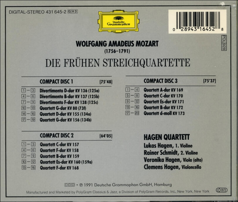 Mozart : Die Fruhen Streichquartette (초기 현악 4중주) - 하겐 사중주단 (Hagen Quartett) (3CD) (US발매)