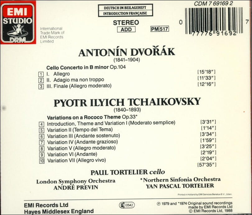 Dvorak : Cello Concerto - 토르텔리에 (Paul Tortelier) (UK발매)
