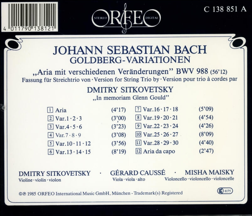 Bach :  골드베르크 변주곡 (현악 3중주 편곡반) -  마이스키 (Mischa Maisky), 시트코베츠키 (Dmitry Sitkovetsky)(독일발매)