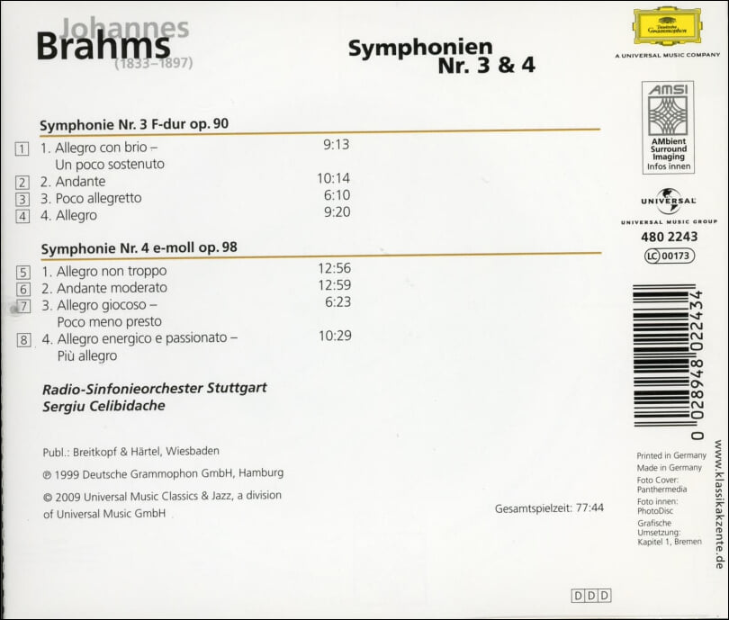 Brahms : Symphonien Nr. 3 & 4 - 첼리비다케 (Sergiu Celibidache)(독일발매)