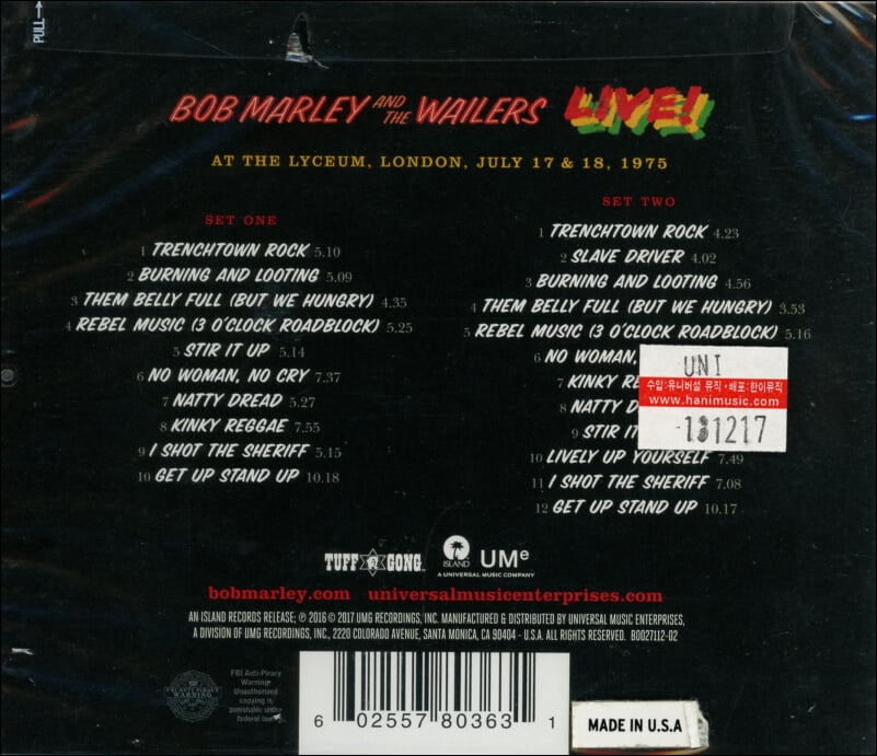 밥 말리 앤 더 웨일러스 (Bob Marley & The Wailers) - Live! (US발매)(2CD) (미개봉)