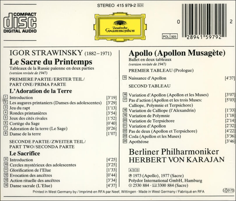 Igor Stravinsky : Le Sacre Du Printemps, Apollo (봄의 제전 & 아폴로) - 카라얀 (Karajan)(독일발매)