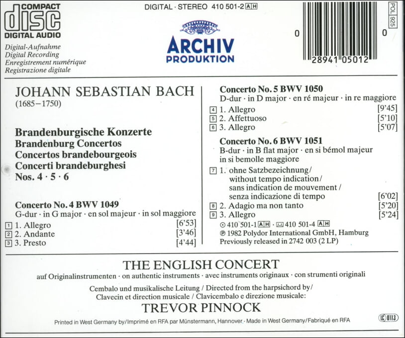 Bach : 브란덴부르크 협주곡  4.5.6 - 피녹 (Trevor Pinnock)(독일발매)