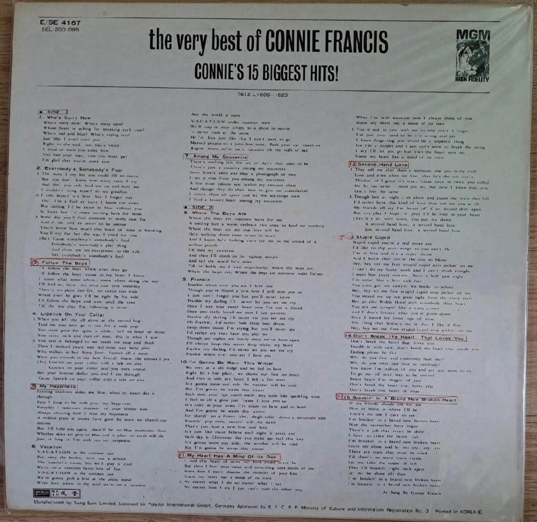 The Very Best Of Connie Francis - Connie`s 15 Biggest Hits--LP