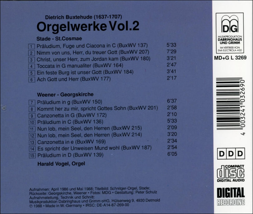 북스테후데 (Dietrich Buxtehude) :  Orgelwerke Vol.2 - 포겔 (Harald Vogel)(독일발매)