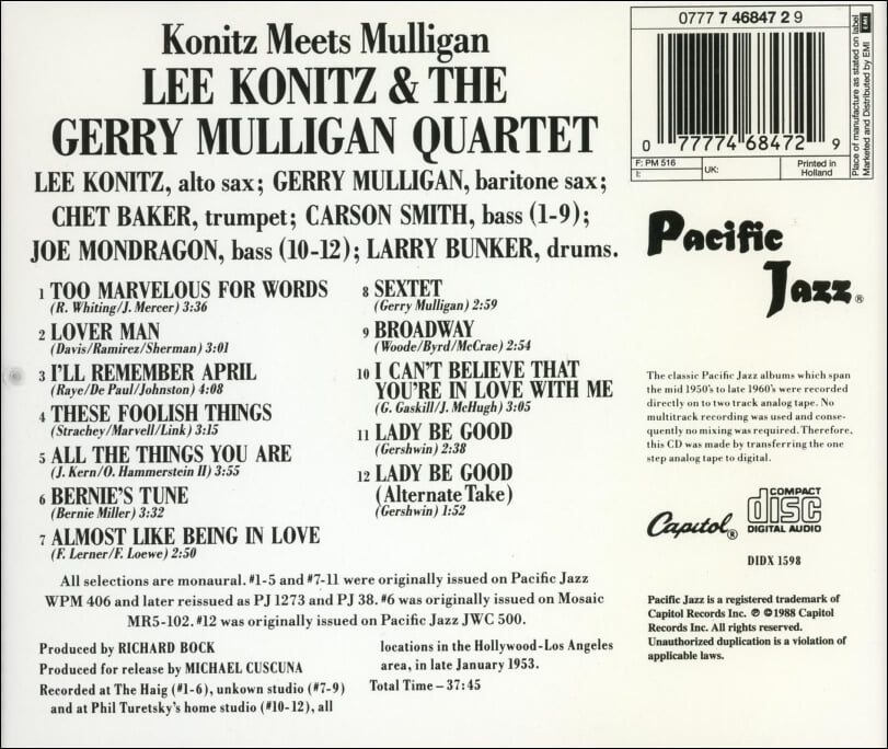 리 코니츠 (Lee Konitz) : Gerry Mulligan(게리 멀리건) -  Konitz Meets Mulligan(유럽발매)