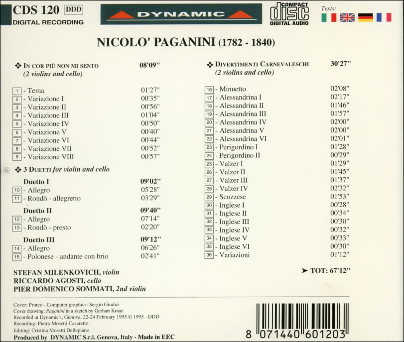 Paganini :  바이올린과 첼로 듀엣 - 아고스티 (Riccardo Agosti),밀렌코비치 (Milenkovich) (유럽발매)