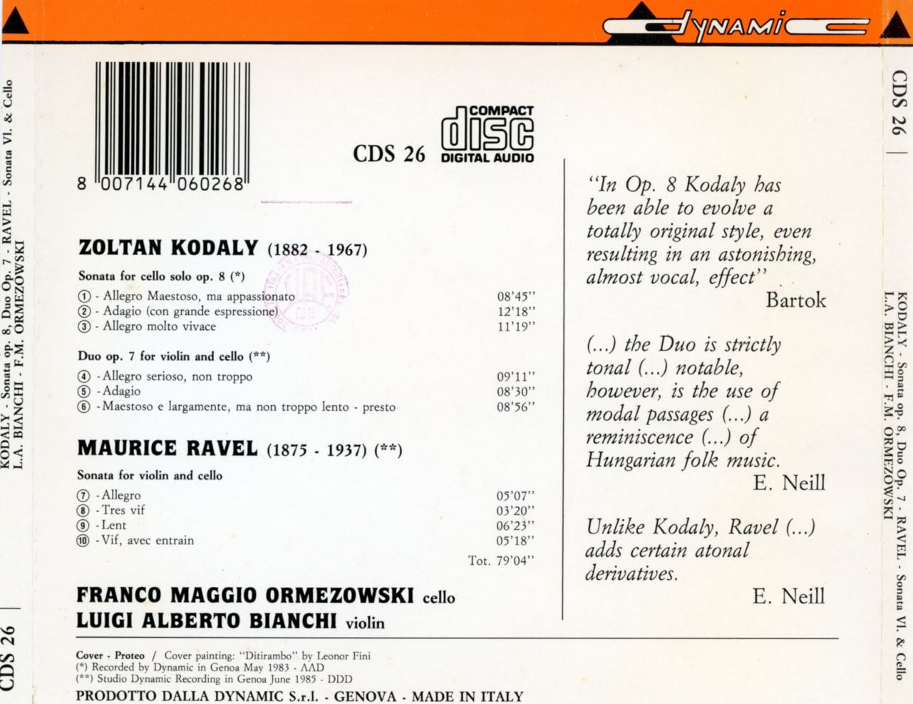 Franco Maggio Ormezowsky,Luigi Alberto Bianchi - Kodaly Sonata For Cello Solo Op.8... [이태리발매]