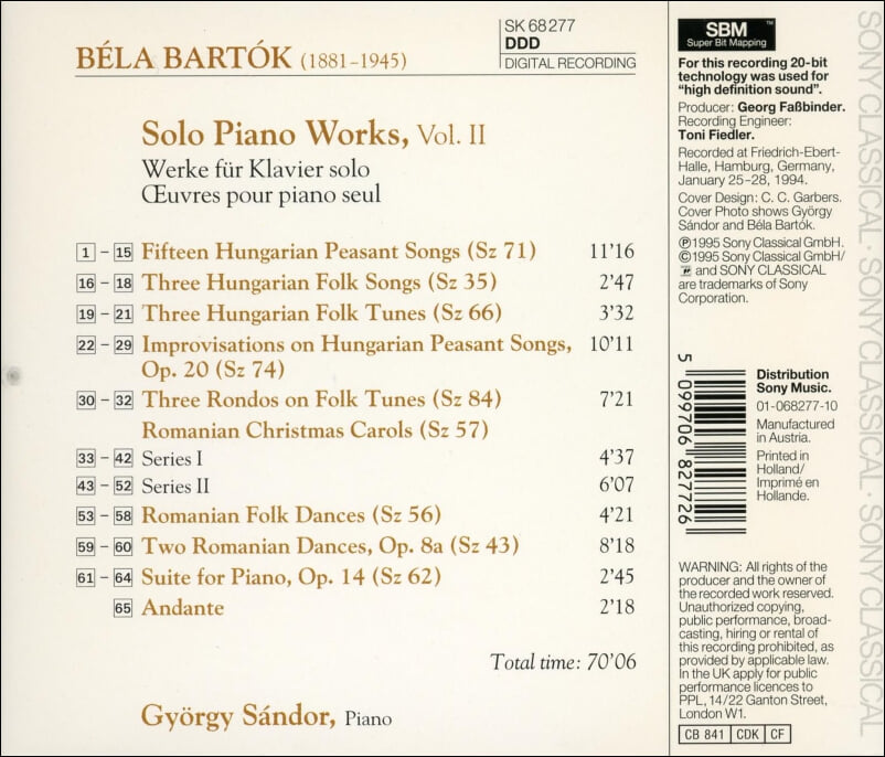 바르톡 (Bartok) : Solo Piano Works , New Recordings Vol. 2 - 산도르(Gyorgy Sandor)(유럽발매)