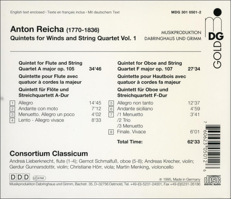 레이하(Reicha) : Quintets For Winds And String Quartet Vol.1 (목관 오중주와 현악사중주 1집) - Consortium Classicum(독일발매) (Gold Cd)