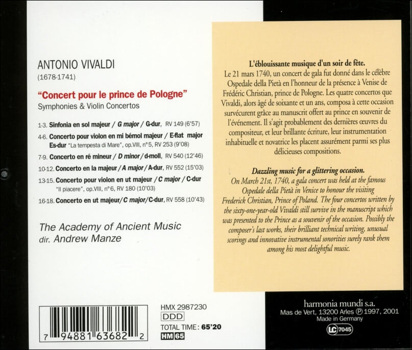 Vivaldi :  폴란드 왕자를 위한 협주곡 (Concert For The Prince Of Poland) - 맨지 (Andrew Manze) (독일발매)