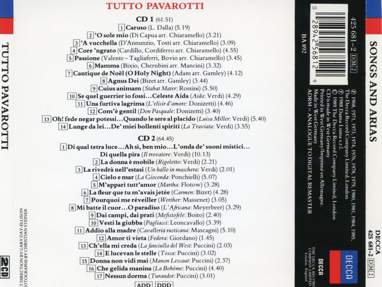 파바로티 - Luciano Pavarotti - Tutto Pavarotti Songs And Arias 2Cds [독일발매]