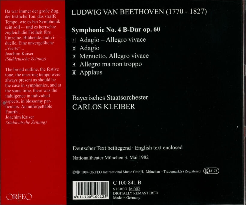 Beethoven : Symphonie Nr.4 (Live Recording)  - 클라이버 (Carlos Kleiber)(독일발매)