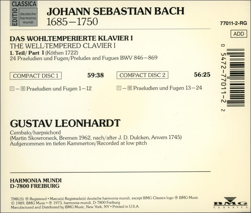 Bach :  평균율 클라비어곡집 (The Well-Tempered Clavier I) - 레온하르트 (Gustav Leonhardt)(2CD)(US발매)
