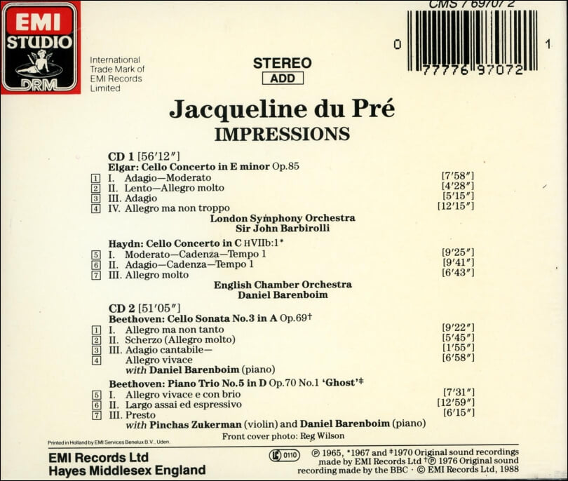 Elgar ,Haydn: 첼로 협주곡 Impressions - 뒤 프레 (Jacqueline Du Pre)(UK발매)(2CD)