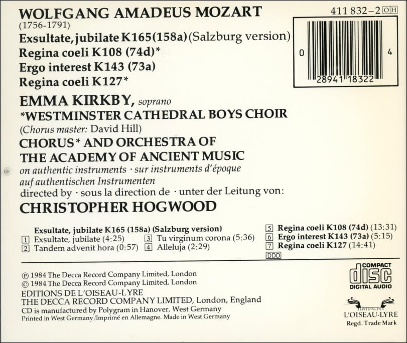 Mozart : Exsultate Jubilate (엑슐타테 유빌라테) - 호그우드 (Christopher Hogwood) ,커크비 (Emma Kirkby)(독일발매)