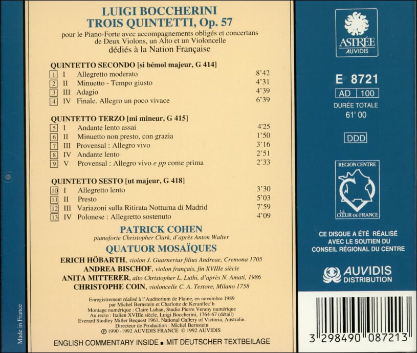 Boccherini : Trois Quintetti (3개의 5중주곡, 작품 57번) - 모자이크 4중주단 (Quatuor Mosaiques) (France 발매)