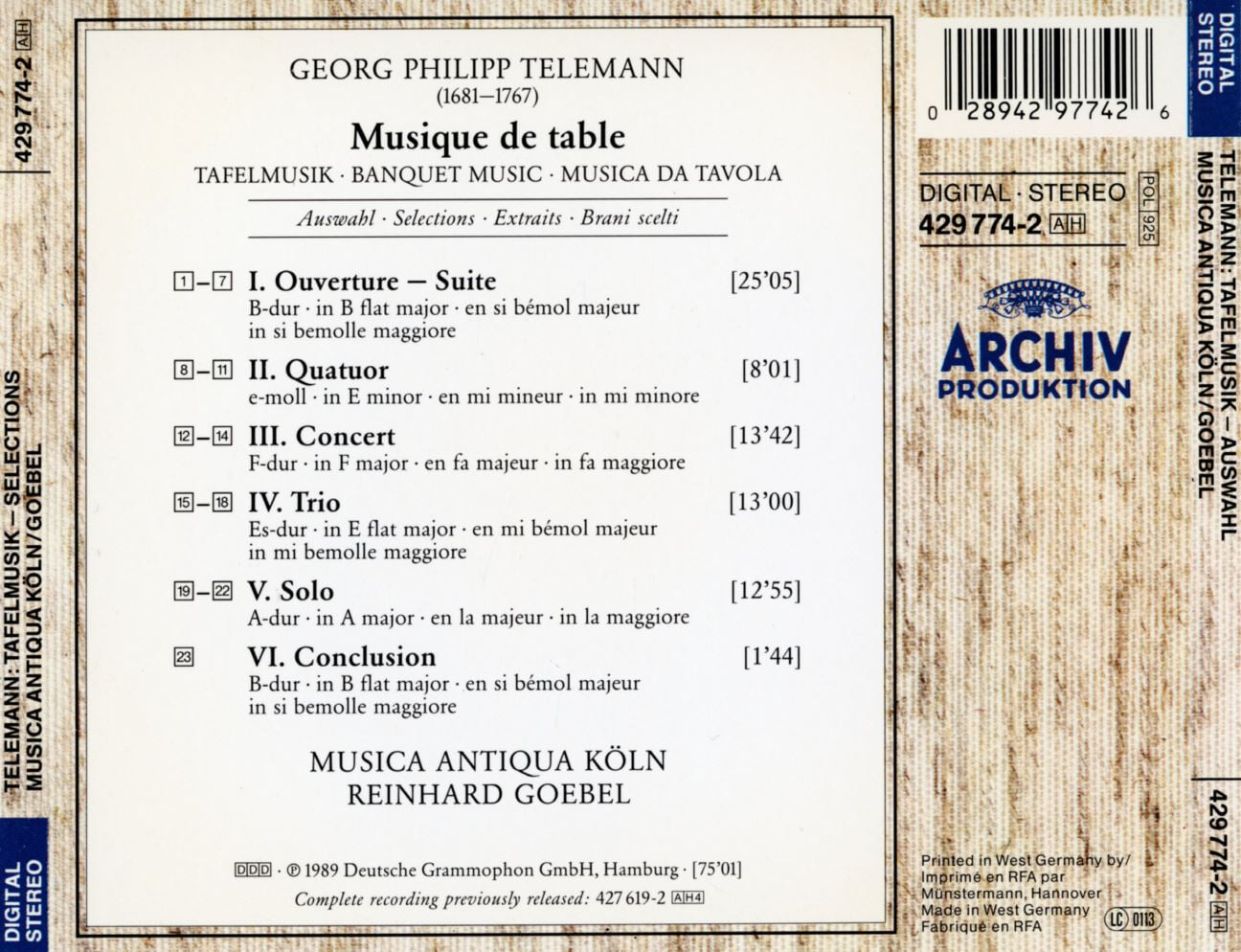 무지카 안티과 쾰른 - Musica Antiqua Koln - Telemann Tafelmusik Musique De Table-Auswahl Selections [독일발매]