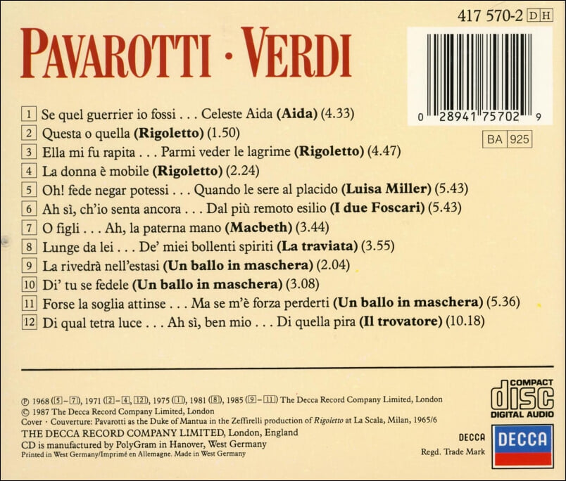 Verdi : 파바로티 (Pavarotti)  / Verdi(독일발매)