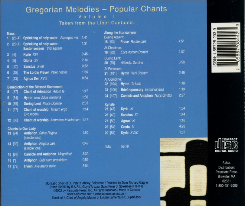 그레로리안 멜로디 (Gregorian Melodies) : (인기찬가) Volume 1 - 생 피에르 드 솔레스메 수도원 합창단(Canada발매)