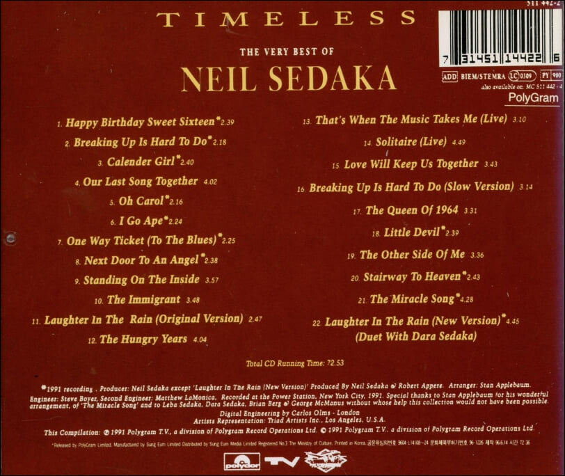 닐 세다카 (Neil Sedaka) : Timeless - The Very Best Of Neil Sedaka