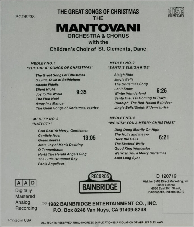 만토바니 (Mantovani And His Orchestra) 데인 성 클레멘츠 어린이 합창단  - The Great Songs Of Christmas (US발매)