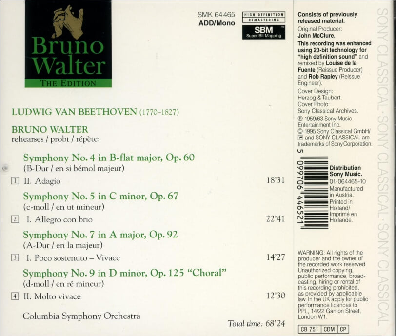 Beethoven : Symphonies Nos. 4, 5, 7 & 9 - 브루노 발터 (Bruno Walter) (유럽발매)