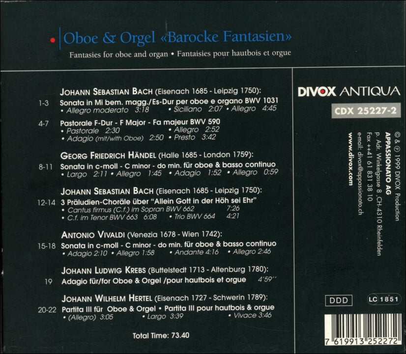오보에와 오르간 '바로크 환타지'Oboe & Orgel "Baroque Fantasies"- 파솔리스 (Diego Fasolis)(France 발매)