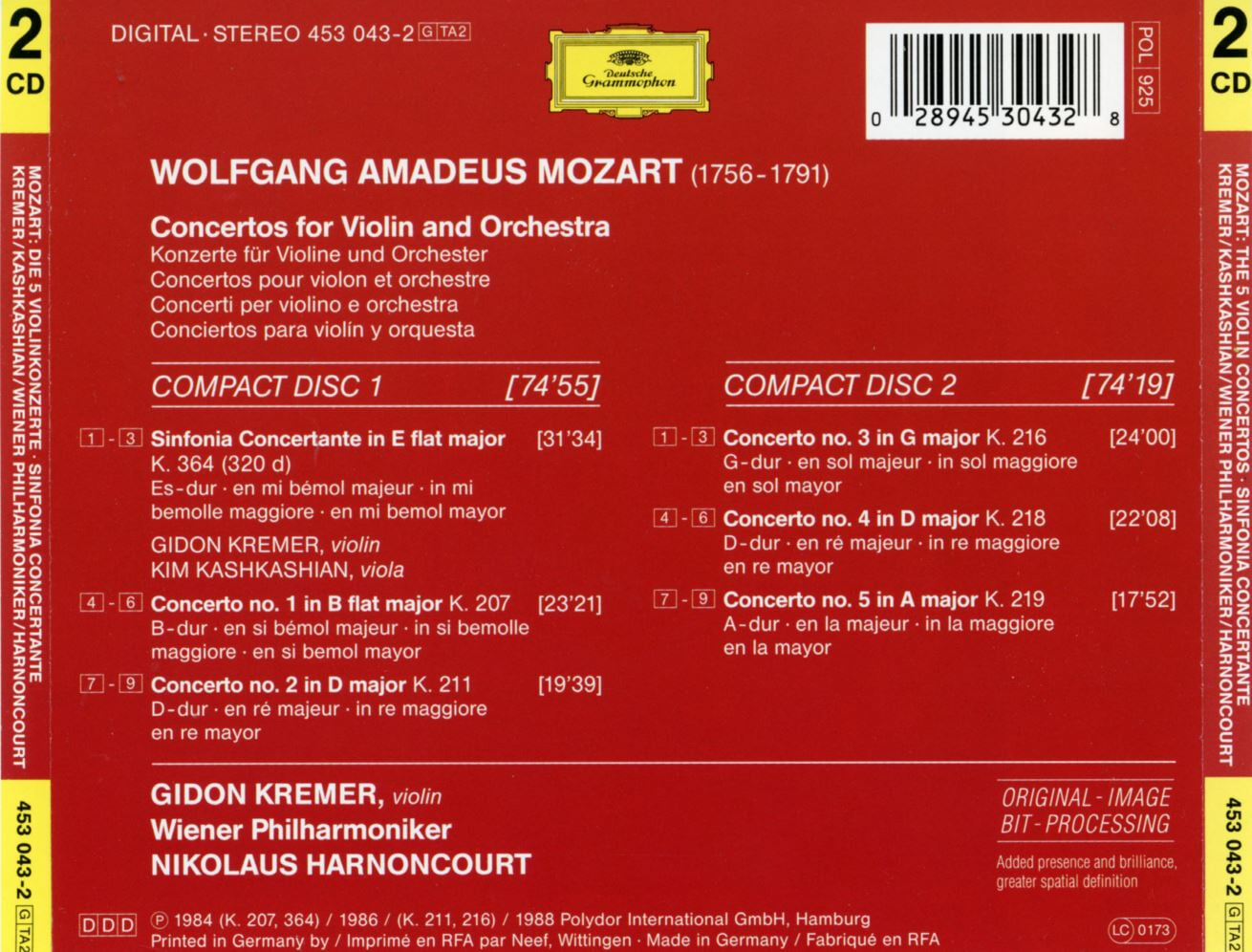 니콜라우스 아르농쿠르,기돈 크레머 - Mozart The 5 Violin Concertos 2Cds [E.U발매]