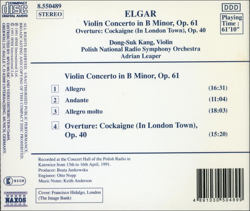 Elgar : Violin Concerto In B Minor, Op. 61 / Overture: Cockaigne - 리퍼 (Adrian Leaper),강동석 (Dong-Suk Kang) (독일발매)