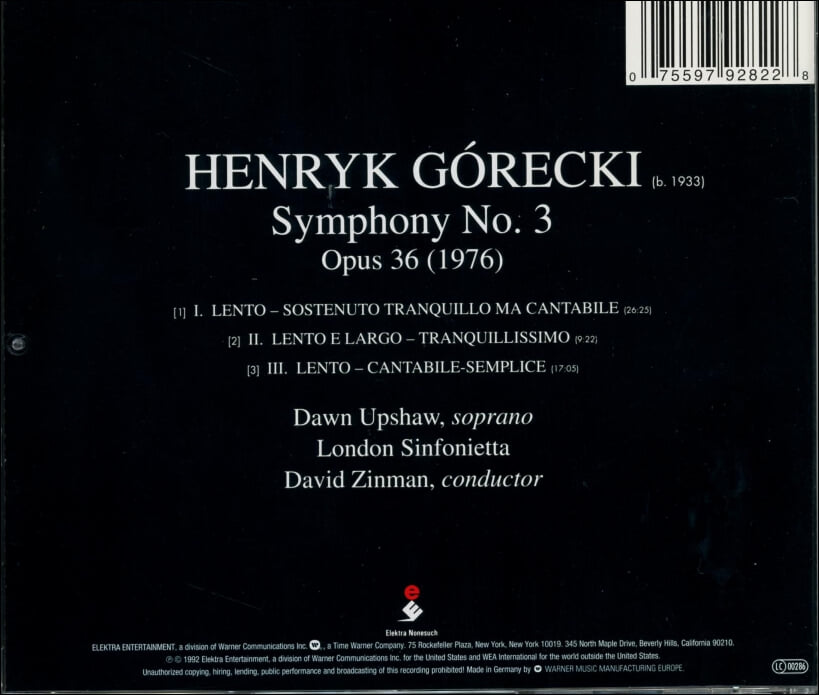 구레츠키 (Henryk Gorecki) : Symphony No. 3 - 업쇼 (Dawn Upshaw)(독일발매)