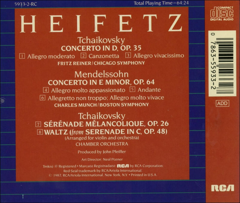 Tchaikovsky : Tchaikovsky & Mendelssohn Concertos - 하이페츠 (Jascha Heifetz)(US발매)