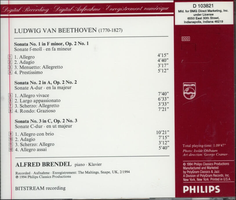 Beethoven : Sonatas Klaviersonaten Op. 2 Nos.1, 2 & 3 - 브렌델 (Alfred Brendel)(US발매)(미개봉)