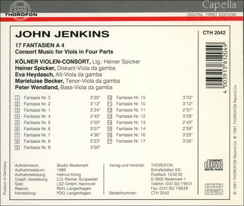 존 젠킨스 (John Jenkins) :  17 Fantasien A 4 - 4부로 구성된 비올을 위한 컨소시엄 음악)(독일발매)