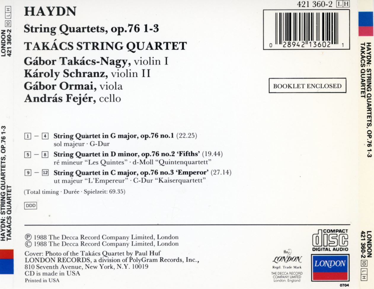 타키치 콰르텟 - Takacs Quartet - Haydn String Quartets, Op.76 1-3 [U.S발매]