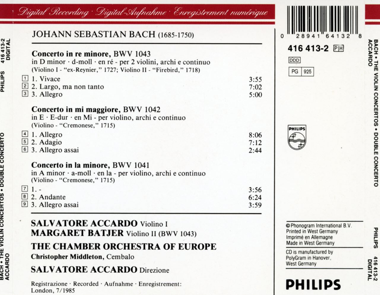 살바토레 아카르도 - Salvatore Accardo - Bach Double Concerto,The Violin Concertos [독일발매]