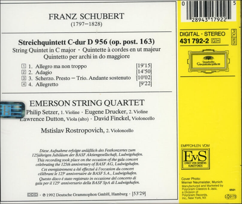 Schubert : 현악 5중주 D 956  - 에머슨 현악 사중주단 (Emerson String Quartet)(미개봉)(US발매)