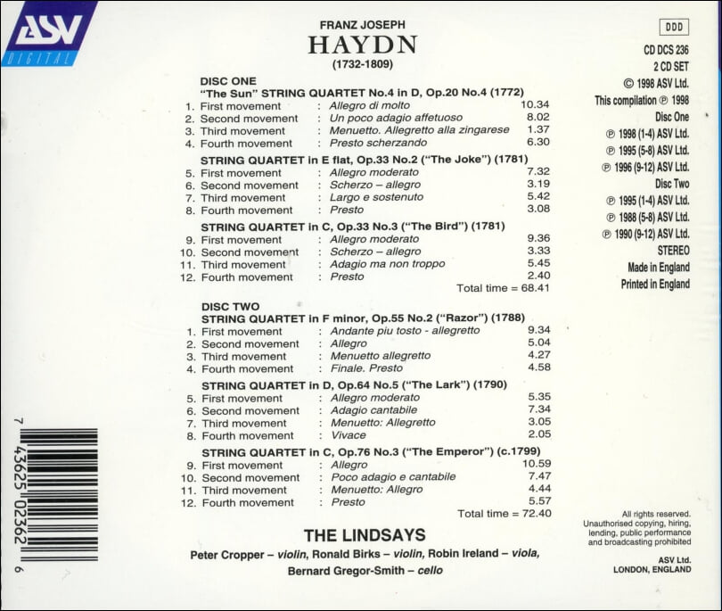 Haydn : 6개의 베스트현악 사중주 (Six Popular String Quartets) - 린지 현악사중주단 (Lindsay String Quartet) (2CD)(UK발매)