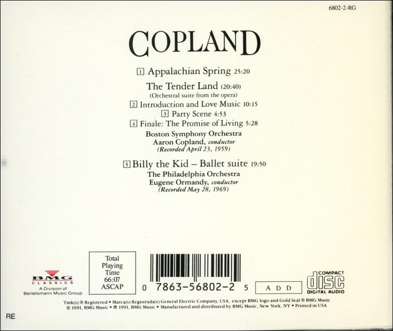 Copland : 아팔라치안의 봄, 부드러운 대지, 빌리 더 키드 - 오먼디 (Eugene Ormandy)(US발매)