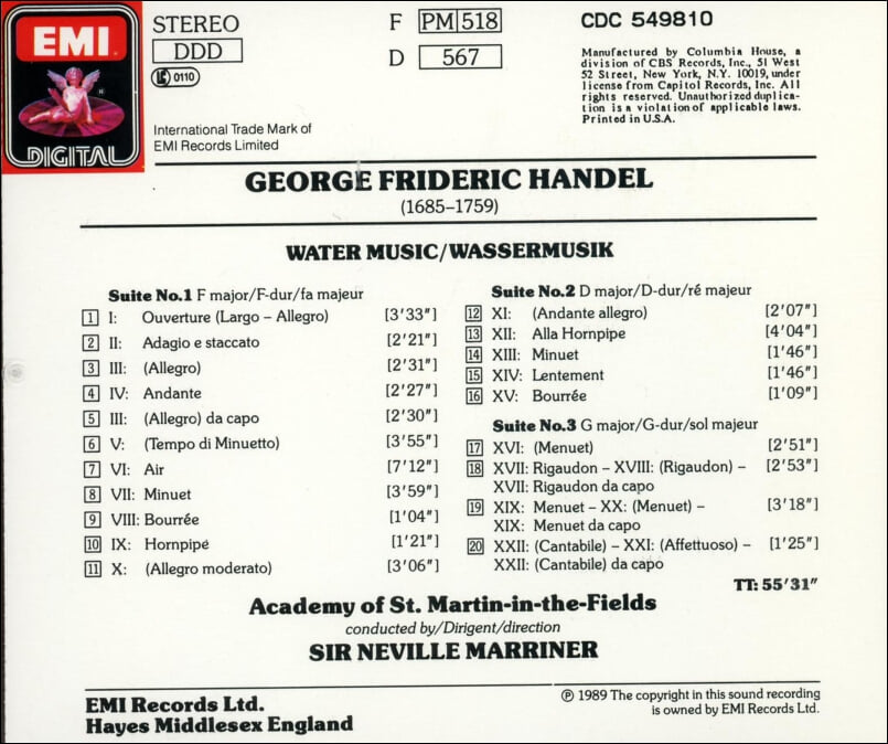 Handel : 수상음악 (Water Music/Wassermusik) - 마리너 (Neville Marriner)(US발매)
