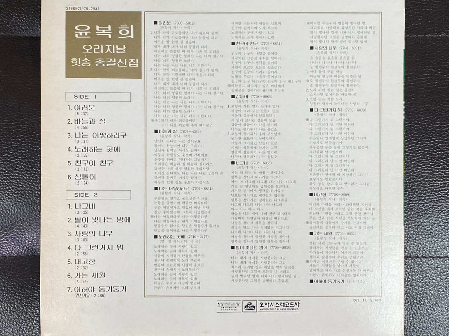 [LP] 윤복희 - 오리지날 총결산집 (여러분,나그네) LP [1983년 발매 초반] [오아시스 OL-2541]