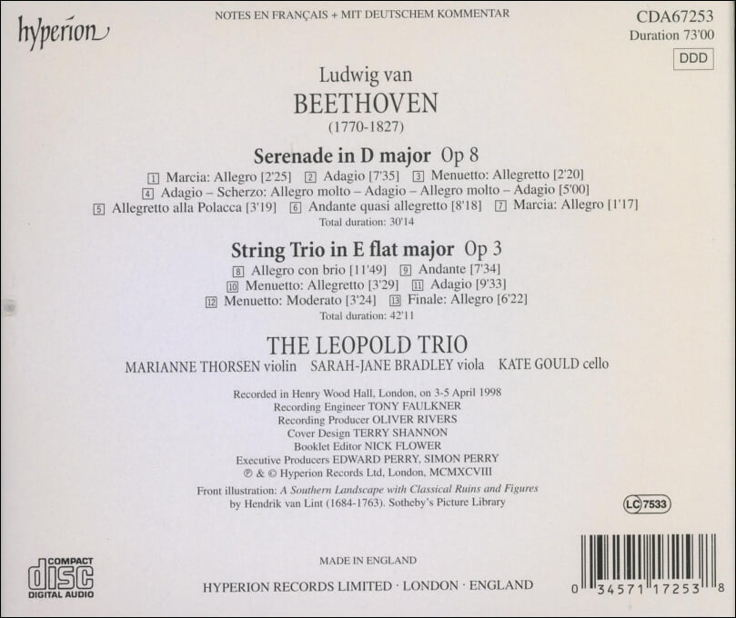 Beethoven : String Trio, Op 3 , Serenade, Op 8 - 레오폴드 현악 삼중주단 (Leopold String Trio)(UK발매)